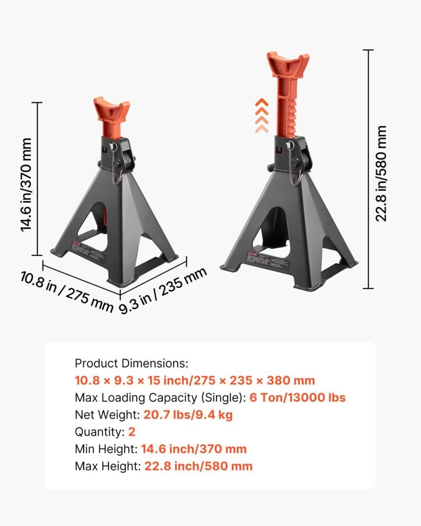 Jack Stands, 6 Ton (13,000 Lbs) Capacity, 14.6-22.8 In Adjustable Height, Heavy Duty Steel Jack Auto Stands With Double Locking, For Lifting RV, Small Truck, Car, SUV, 1 Pair, Black And Orange