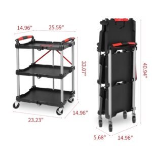 Foldable Utility Service Cart, 3 Shelf Heavy Duty Plastic Rolling Cart With Swivel Wheels 2 With Brakes, Ergonomic Handle, Portable Garage Tool Cart For Warehouse Office Home - Image 4
