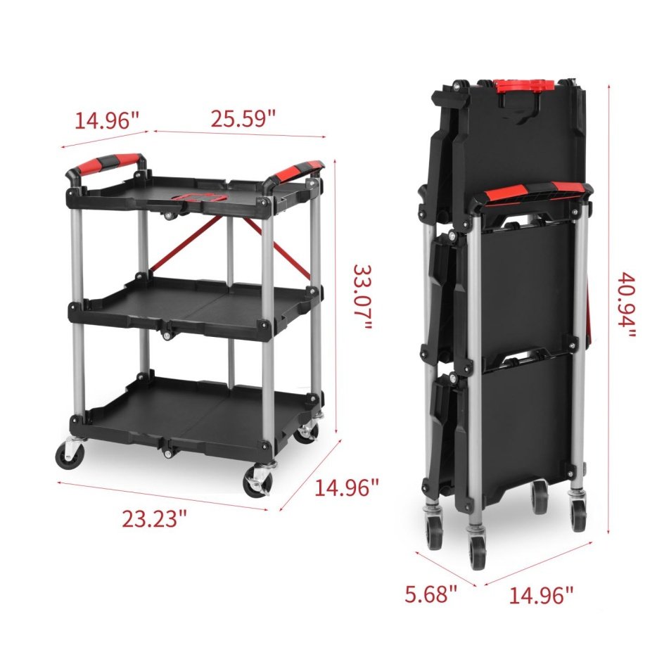 Foldable Utility Service Cart, 3 Shelf Heavy Duty Plastic Rolling Cart With Swivel Wheels 2 With Brakes, Ergonomic Handle, Portable Garage Tool Cart For Warehouse Office Home