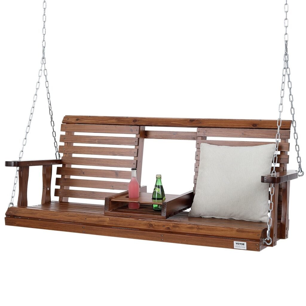 Wooden Porch Swing 5 Ft, Patio Bench Swing For Courtyard & Garden, Upgraded 880 Lbs Strong Load Capacity, Heavy Duty Swing Chair Bench With Hanging Chains For Outdoors, Brown
