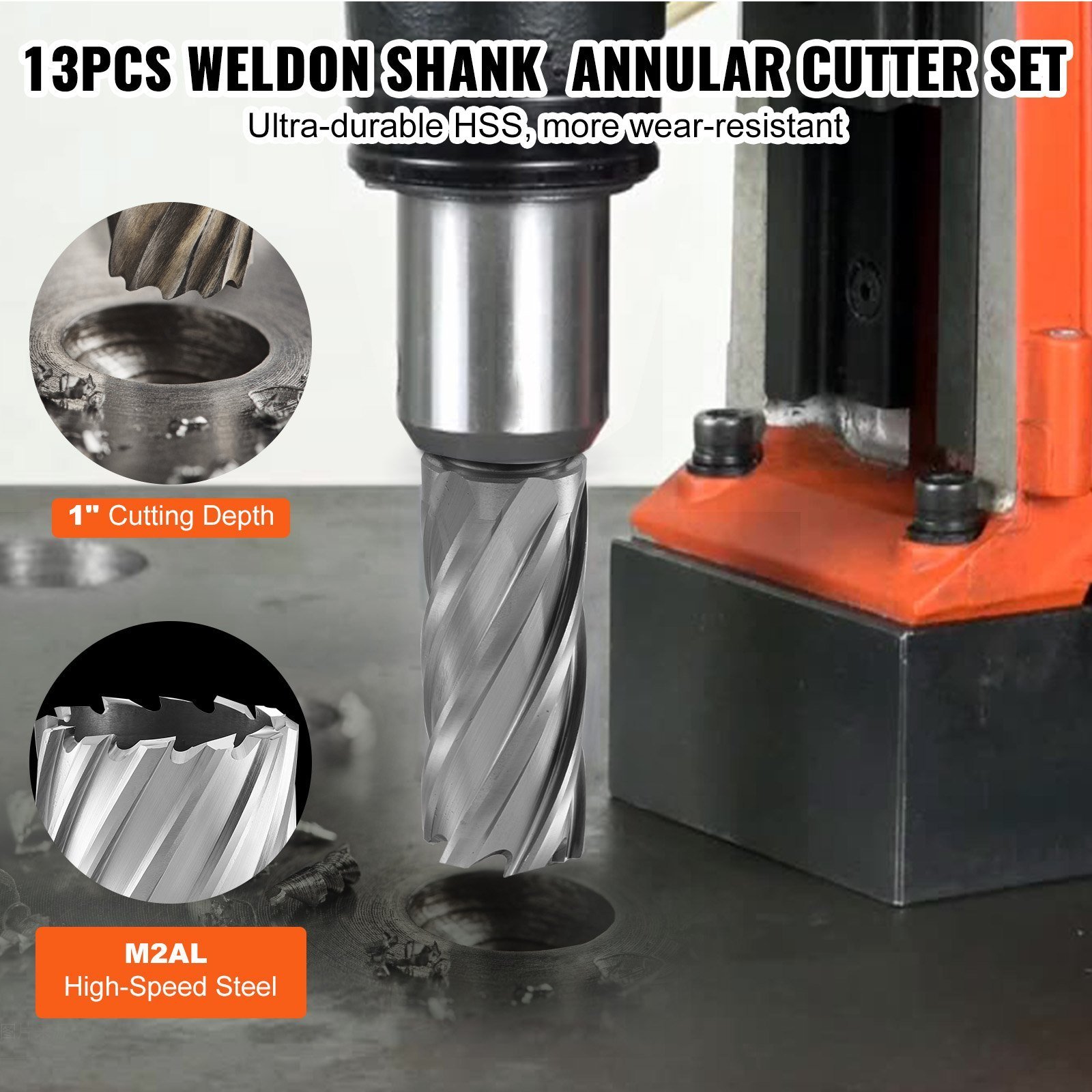 Annular Cutter Set, 13 Pcs Weldon Shank Mag Drill Bits, 7/16' To 1-1/16' Cutting Diameter, 1' Cutting Depth, M2AL HSS, 2 Pilot Pins, Hex Wrench And Portable Case, For Using With Magnetic Drills - Image 2