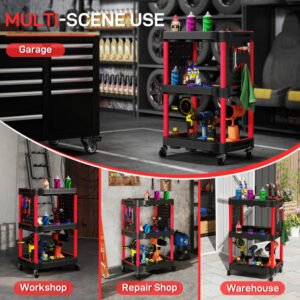 3-Tier Rolling Tool Cart, 200 LBS Capacity Plastic Utility Cart With Side Shelves For Garage, Workshop, Black And Red - Image 7