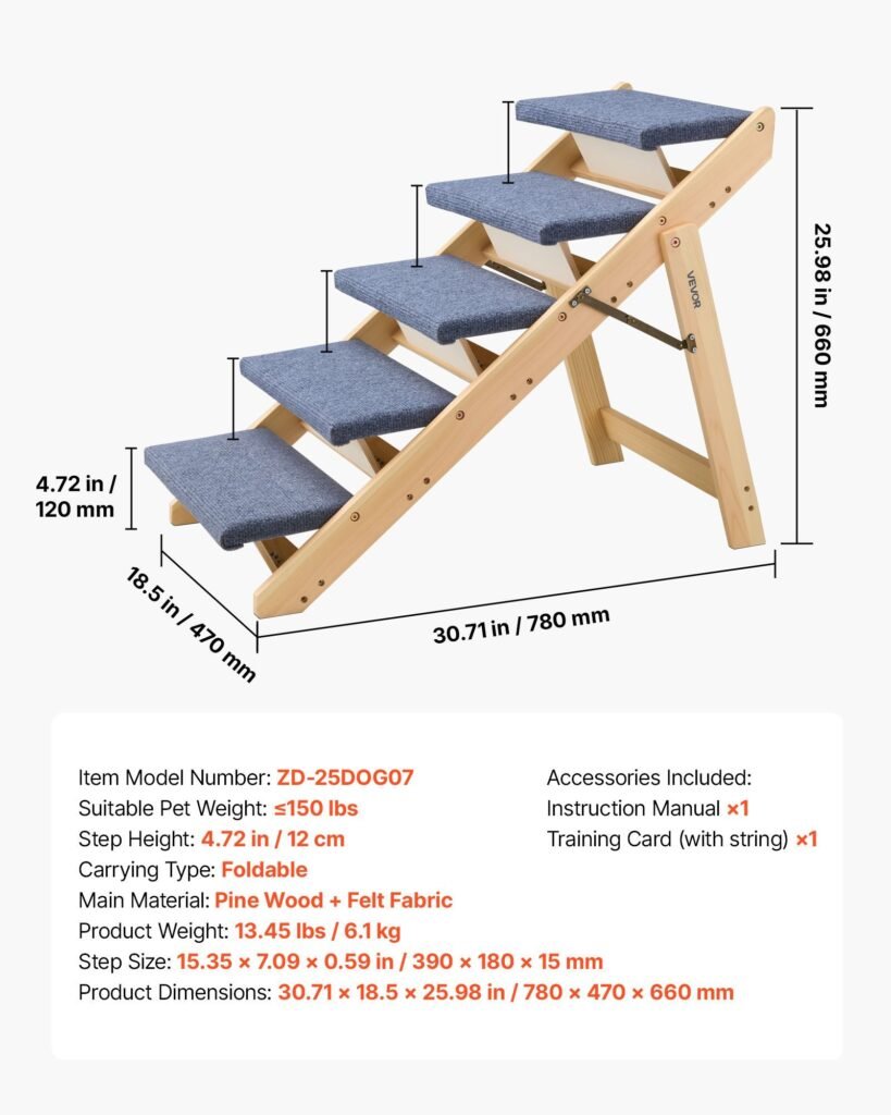 Wood Pet Stairs, 5-Step Dog Stairs For Beds, Sofa & Cars, 150lbs Load Capacity, Floded Flat Design, Stable & Sturdy Cat & Dog Step Ladder For Small Medium Large Older Pet Puppy Essentials