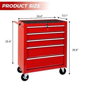 5-Drawer Rolling Tool Chest w/Lock & Key, Tool Storage Cabinet with Wheels, Top Cushion & Drawer Liners, Tool Organizer Box for Garage, Warehouse & Repair Shop-RED - Image 8