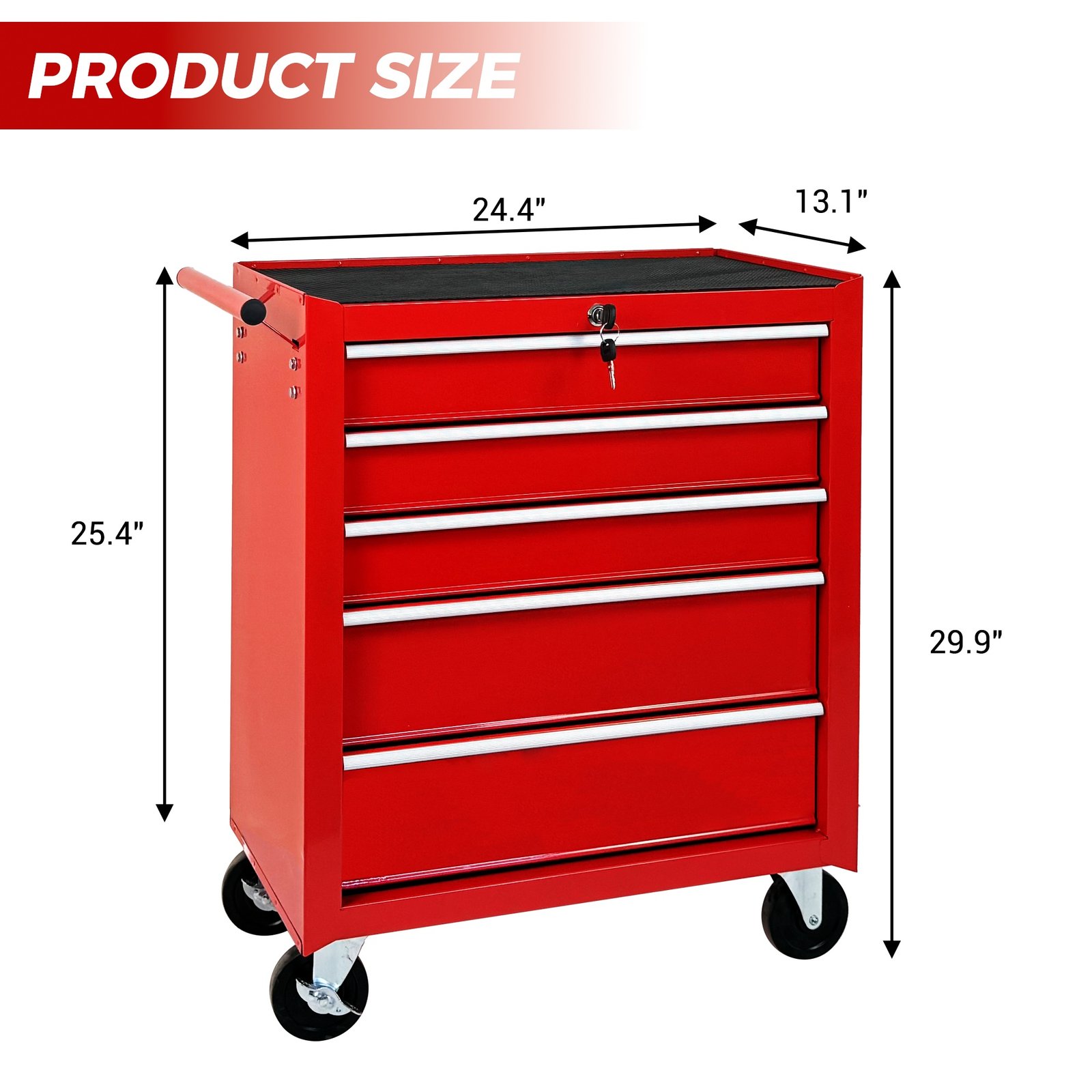 5-Drawer Rolling Tool Chest w/Lock & Key, Tool Storage Cabinet with Wheels, Top Cushion & Drawer Liners, Tool Organizer Box for Garage, Warehouse & Repair Shop-RED - Image 8