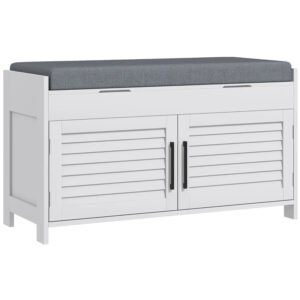 Shoe Storage Bench, Modern Entryway Bench With Cushion, Hidden Compartments, Adjustable Shelves, Shutter Doors, White - Image 1