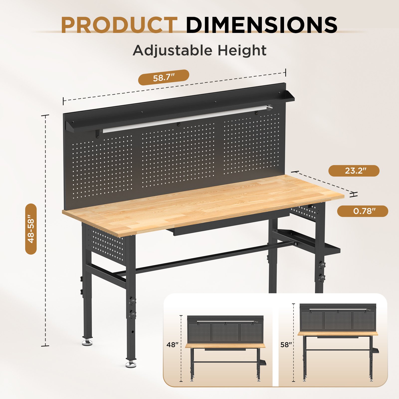 60in  Workbench With Drawers ,Solid Wood Top, 2000 Lbs Capacity, Adjustable Height Garage Work Table With Power Outlet, LED Light, Wheels Or Leveling Feet - Image 3