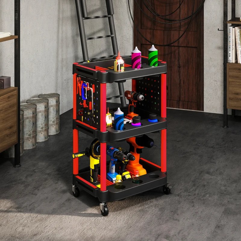 3-Tier Rolling Tool Cart, 200 LBS Capacity Plastic Utility Cart With Side Shelves For Garage, Workshop, Black And Red