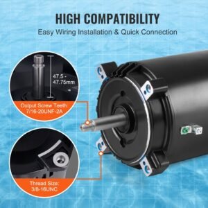 1 HP Pool Pump Motor, 56J Frame, 115V(9.8 Amps)/230V(4.9 Amps) 3450 RPM, 60Hz, 1.4 Service Factor, 90μF/250V Capacitor, CCW Rotation Round Flange Replacement Motor - Image 5