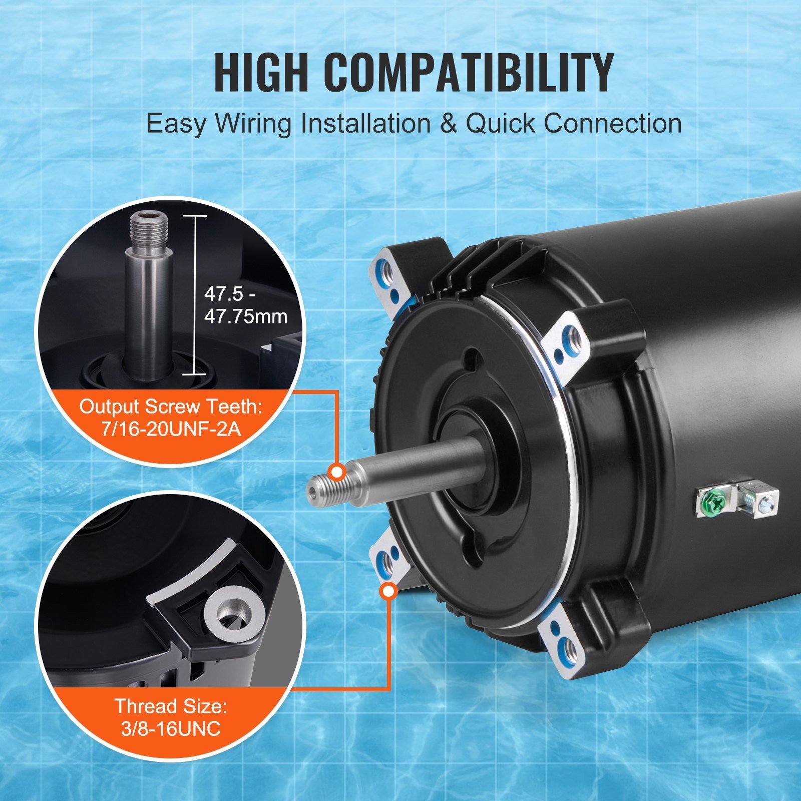 1 HP Pool Pump Motor, 56J Frame, 115V(9.8 Amps)/230V(4.9 Amps) 3450 RPM, 60Hz, 1.4 Service Factor, 90μF/250V Capacitor, CCW Rotation Round Flange Replacement Motor - Image 5