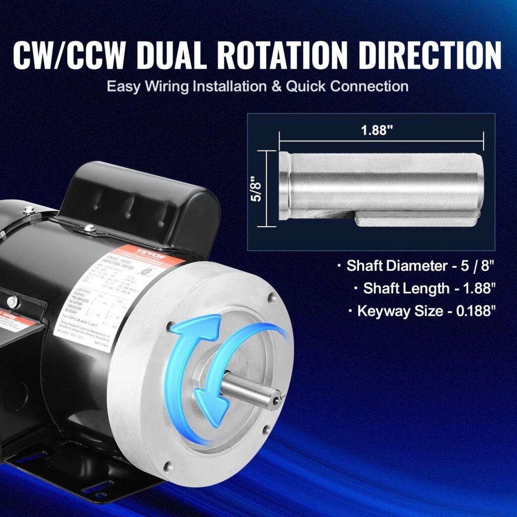 1HP Electric Motor 3450 Rpm, AC 115V/230V, 56C Frame, Air Compressor Motor Single Phase, 5/8' Keyed Shaft, CW/CCW Rotation For Agricultural Machinery And General Equipment