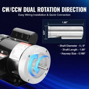 1HP Electric Motor 3450 Rpm, AC 115V/230V, 56C Frame, Air Compressor Motor Single Phase, 5/8' Keyed Shaft, CW/CCW Rotation For Agricultural Machinery And General Equipment - Image 3