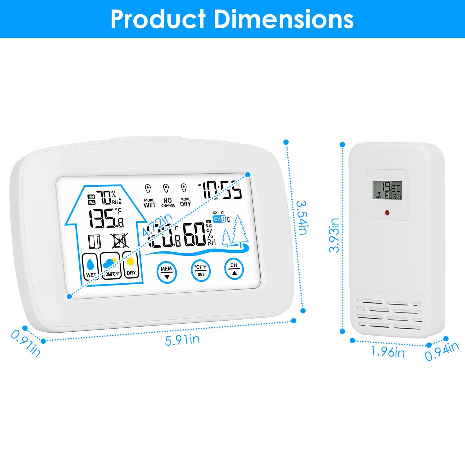 1Pc Wireless Weather Station With Clock 196FT Range Indoor Outdoor Thermometer Sensor Temperature And Humidity Monitor Humidity Forecast Battery Powered Backlight Display - Image 6