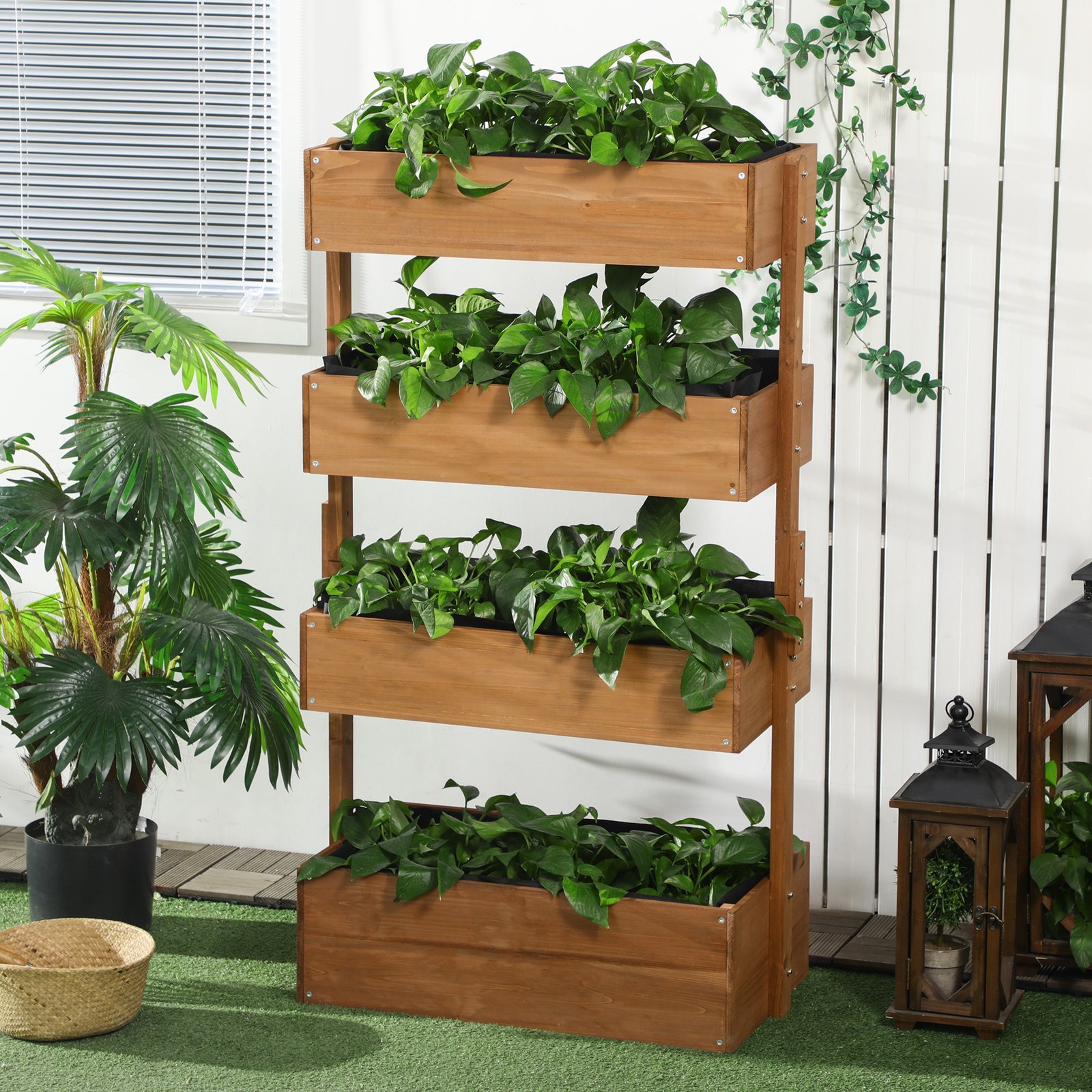 Vertical 4 Tier Raised Garden Bed, Wooden Planter Box, Self-Draining with Bed Liner for Indoor Outdoor Flowers, Vegetables and Herbs, Orange - Image 1