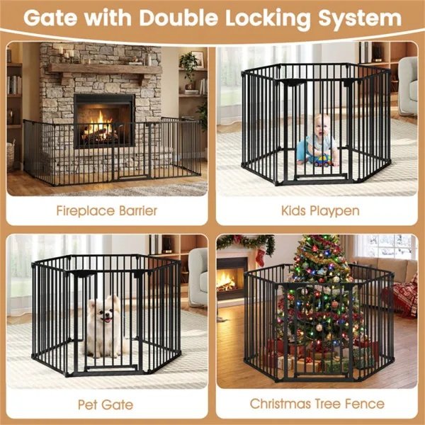 6-Panel Expandable Safety Gate (34.5"-154"), 270° Rotatable Baby/Pet Barrier For Fireplace Stairway Doorway-Black
