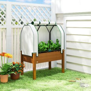 Raised Garden Bed with PE Greenhouse Cover Outdoor Planter Box for Herbs and Vegetables, 35 x 22 x 47 inch, Brown - Image 3