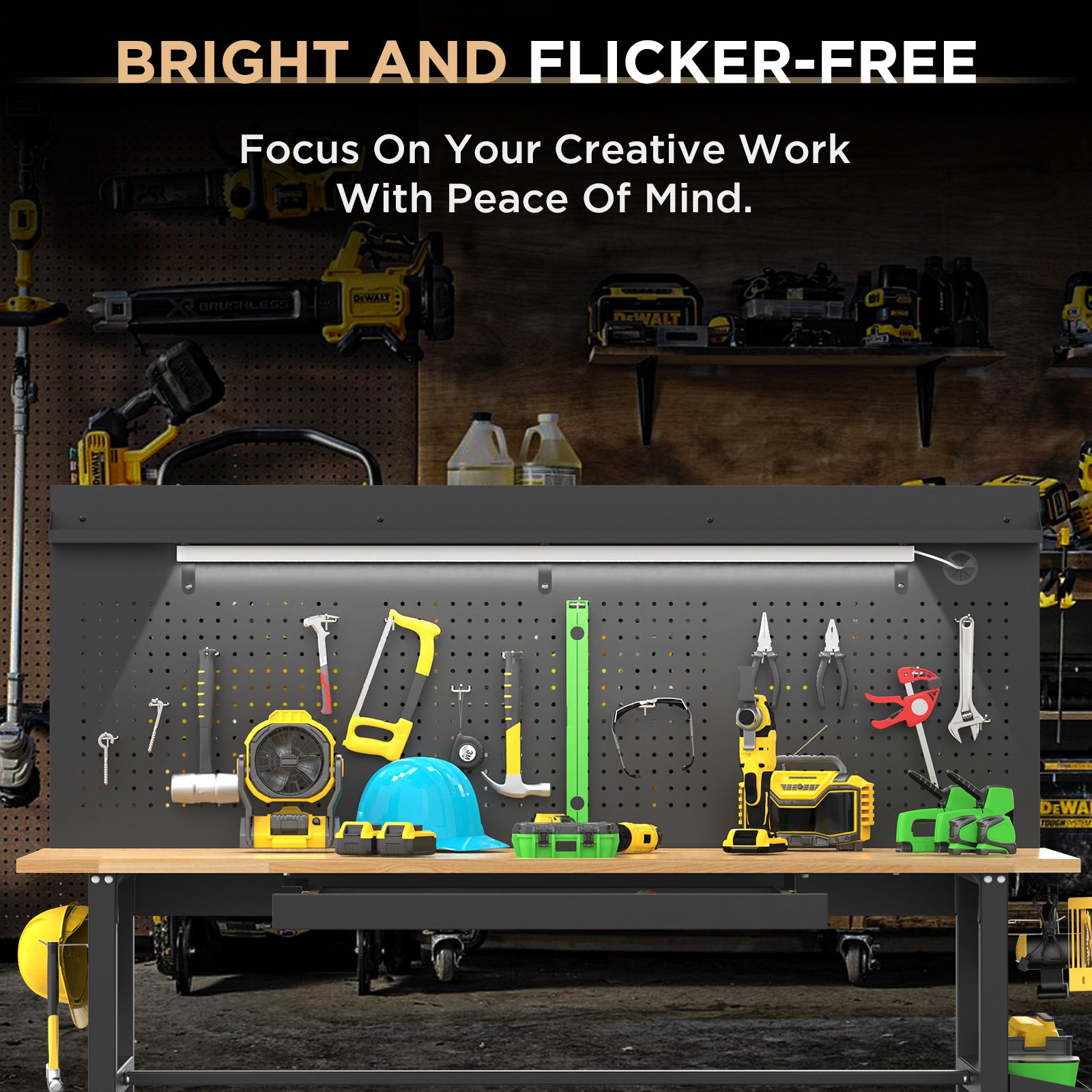60in  Workbench With Drawers ,Solid Wood Top, 2000 Lbs Capacity, Adjustable Height Garage Work Table With Power Outlet, LED Light, Wheels Or Leveling Feet - Image 2