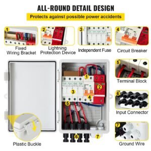 PV Combiner Box, 4 String With 15A Rated Current Fuse, 63A Circuit Breaker, Lightning Arreste Connector For On/Off Grid Solar Panel System, IP65 - Image 3