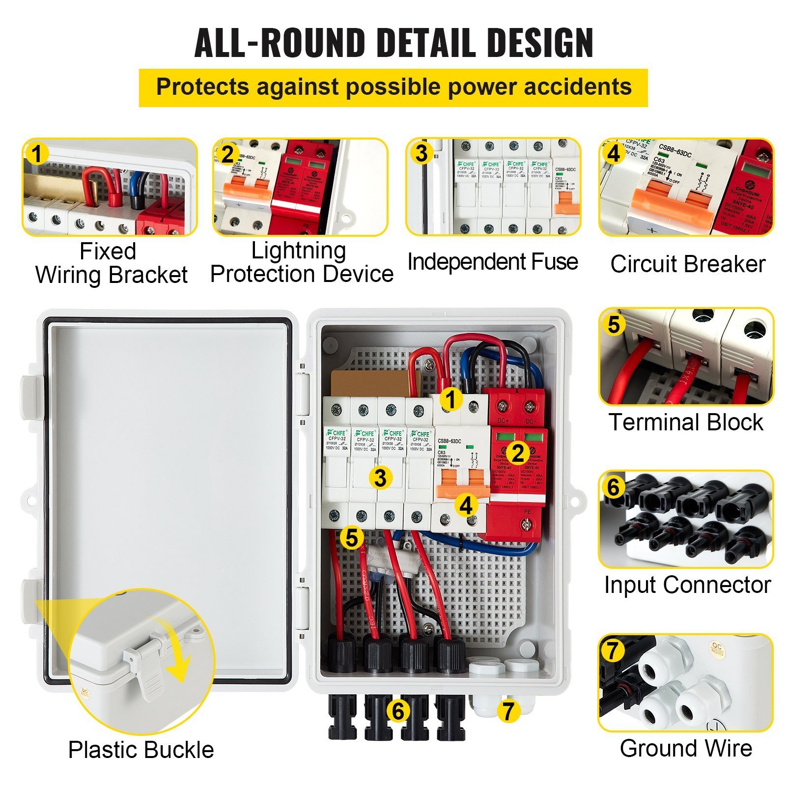PV Combiner Box, 4 String With 15A Rated Current Fuse, 63A Circuit Breaker, Lightning Arreste Connector For On/Off Grid Solar Panel System, IP65 - Image 3