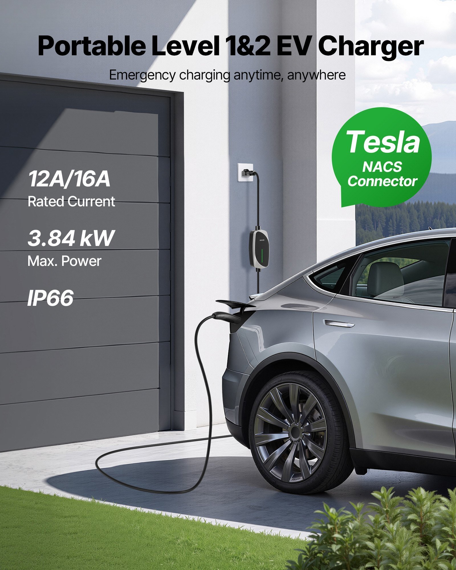 Level 1/2 Tesla Charger 16A Portable EV Charger 25 Ft Cable 120V-240V NEMA 6-20P - Image 2