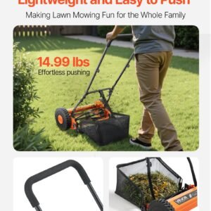 16' Manual Push Reel Lawn Mower 5-Blade Adjustable Height Grass Catcher 2 Wheels - Image 3
