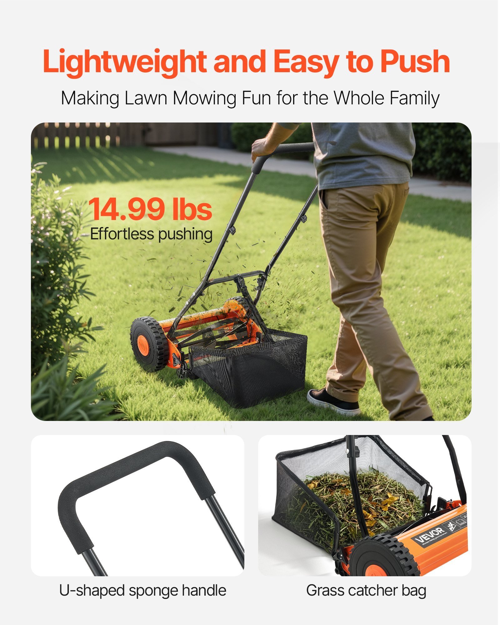 16' Manual Push Reel Lawn Mower 5-Blade Adjustable Height Grass Catcher 2 Wheels - Image 3