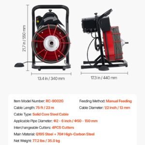 Drain Cleaner Machine 75 FT X 1/2 Inch, Sewer Snake Auger Manual Feed With 4 Cutters & Air-activated Foot Switch For 2" To 6" Pipes - Image 6