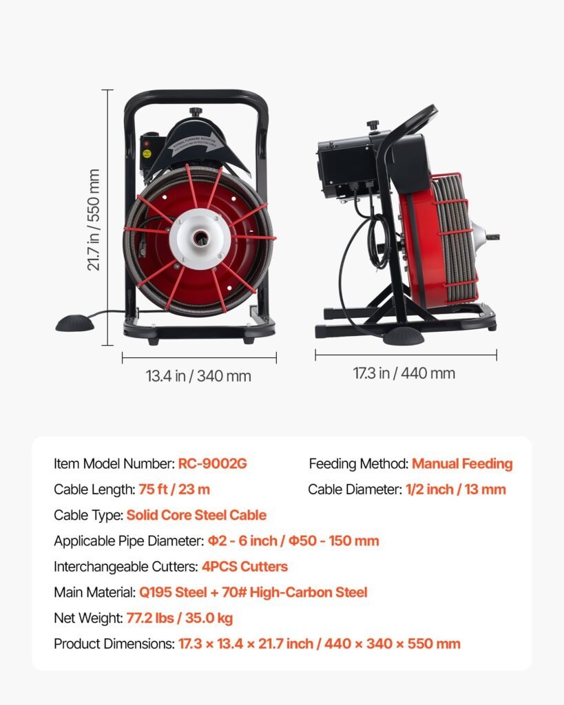 Drain Cleaner Machine 75 FT X 1/2 Inch, Sewer Snake Auger Manual Feed With 4 Cutters & Air-activated Foot Switch For 2" To 6" Pipes
