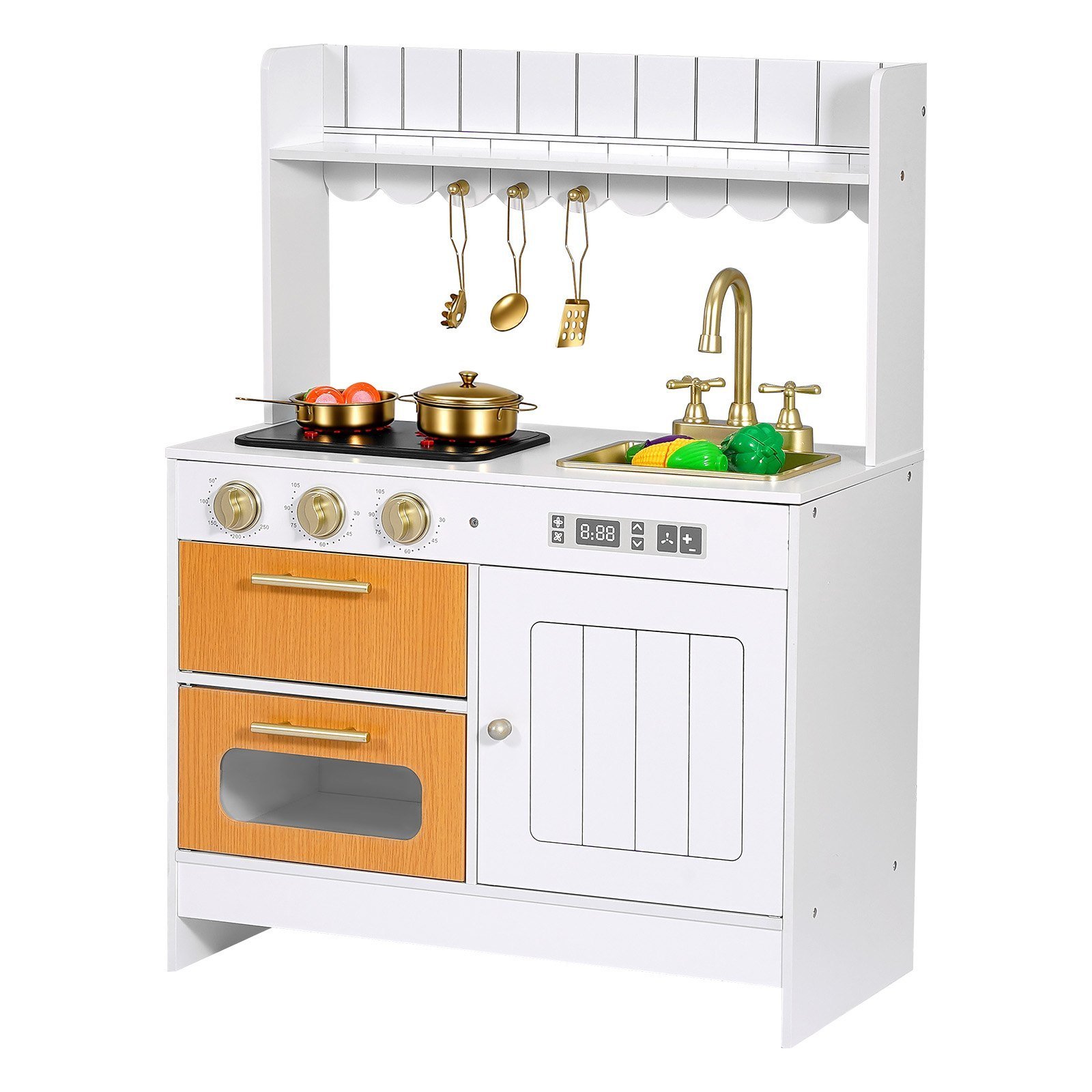 Play Kitchen For Kids, Wooden, Kids Kitchen Playset With Real Lights & Sounds, Food & Cookware Accessories, Pretend Play Toy Set, Sink, Oven, Stove, Cabinet, For Toddlers, Girls & Boys Ages 3-8 - Image 1