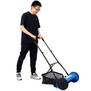 14 Inch 5-blade Hand Push Scroll Lawn Mower With Grass Device, Blue - Image 2