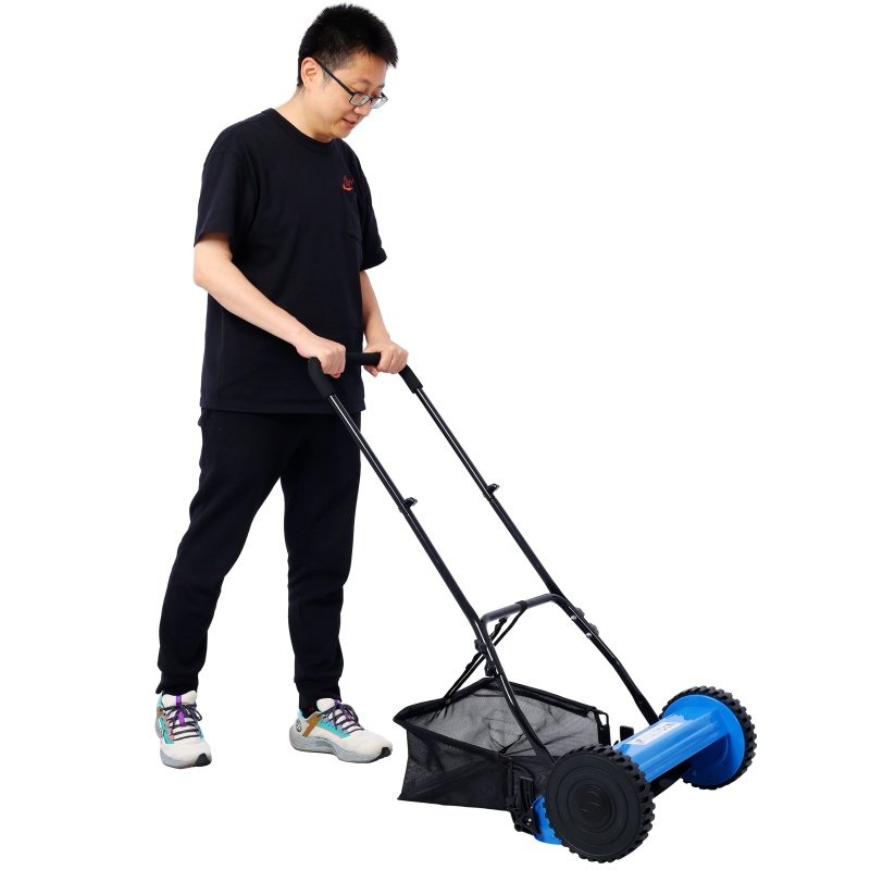 14 Inch 5-blade Hand Push Scroll Lawn Mower With Grass Device, Blue
