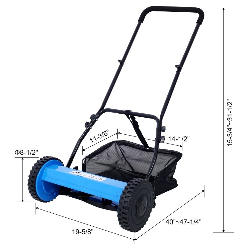 14 Inch 5-blade Hand Push Scroll Lawn Mower With Grass Device, Blue