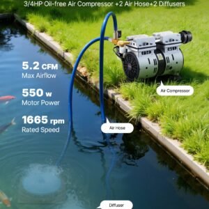Pond Aerators, 5.2CFM Aeration System For Lakes Up To 3 Acres, 3/4 HP Air Compressor, 2 Diffusers & Two 100' Weighted Tubings, Outdoor Pond Aeration Pump For Deep Water Oxygen Circulation - Image 2
