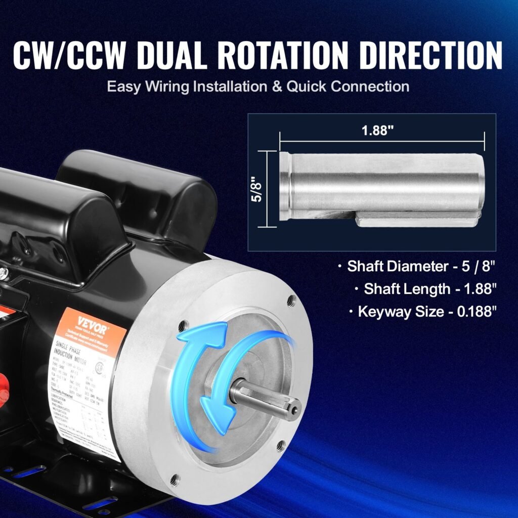 1.5HP Electric Motor 1725 Rpm, AC 115V/230V, 56C Frame, Air Compressor Motor Single Phase, 5/8' Keyed Shaft, CW/CCW Rotation For Agricultural Machinery And General Equipment
