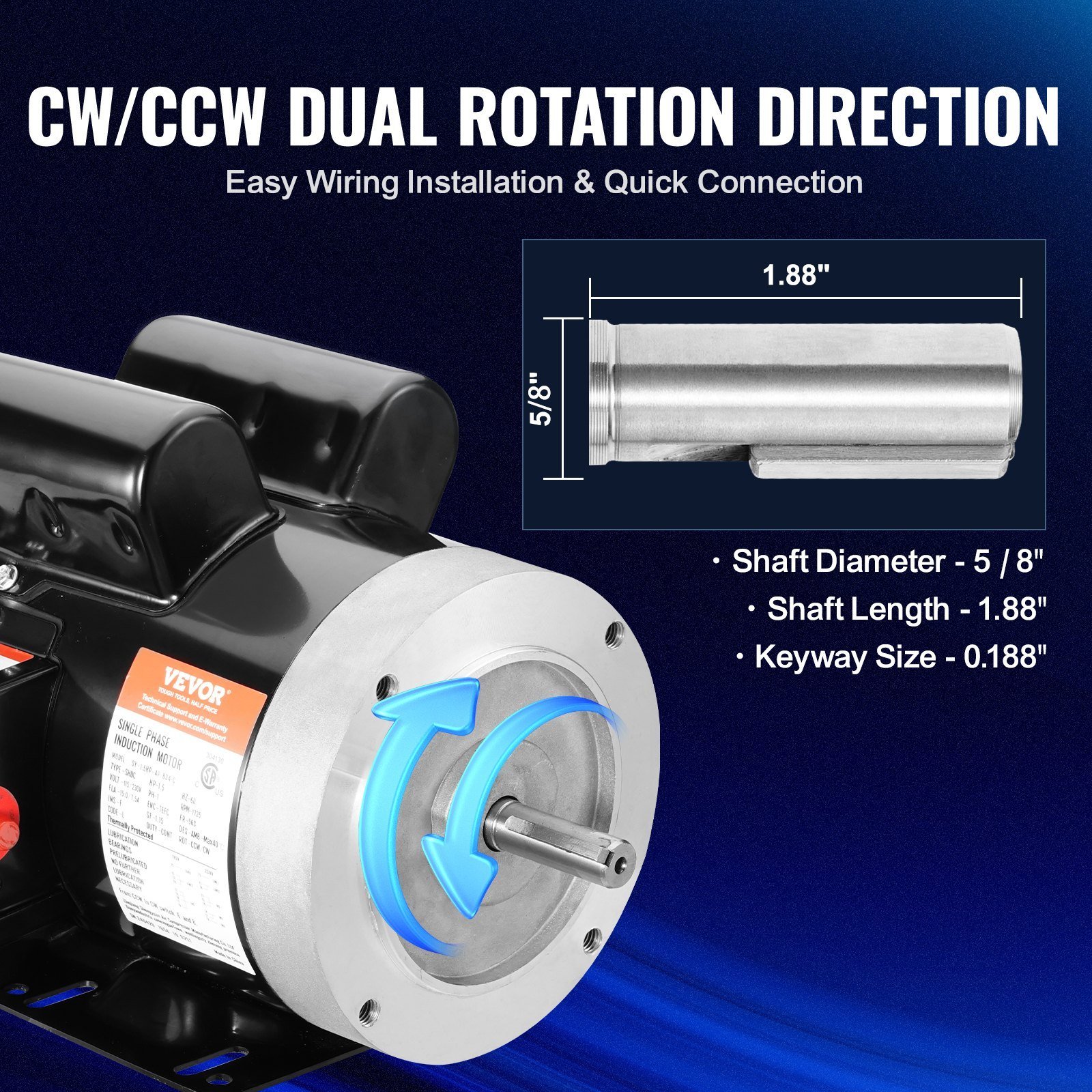 1.5HP Electric Motor 1725 Rpm, AC 115V/230V, 56C Frame, Air Compressor Motor Single Phase, 5/8' Keyed Shaft, CW/CCW Rotation For Agricultural Machinery And General Equipment - Image 4