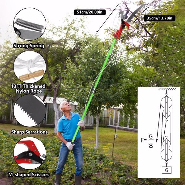 2-in-1 Manual Pole Saw 8.23-15.12FT Extendable Tree Pruner - SK5 Steel Pruner, Double-Hooked Saw Blade, Oxford Storage Bag , Goggles,Gloves For Tree Trimming