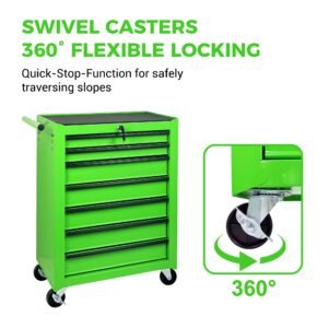7-Drawer Rolling Tool Storage Cabinet With Detachable Top Tool Box, Universal Lockable Wheels, Adjustable Shelf, Locking Mechanism, Metal Tool Cart For Garage Workshop,Leaf Bright Green - Image 5