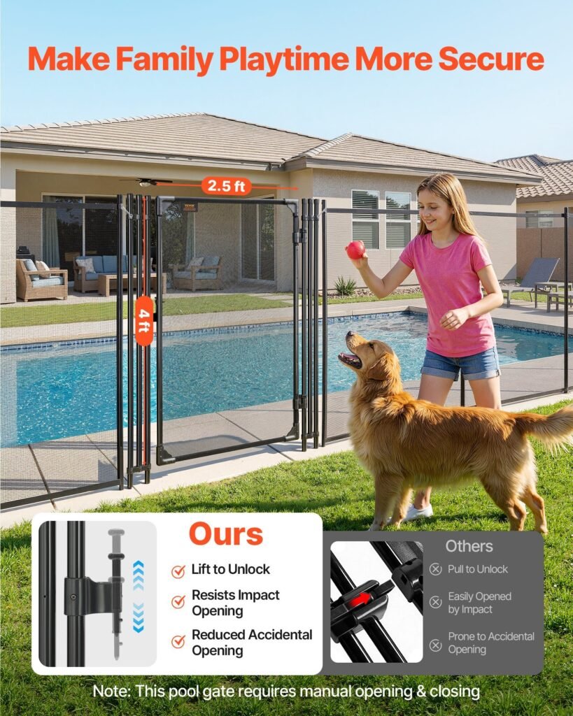 Pool Fence Gate, 4 X 2.5 Ft Inground Swimming Pool Fences Gate, Outdoor Security Fencing Door Kit With Metal Latch, 352 Gsm Teslin PVC Mesh, Round Tube, Lockable And Easy Installation, Black