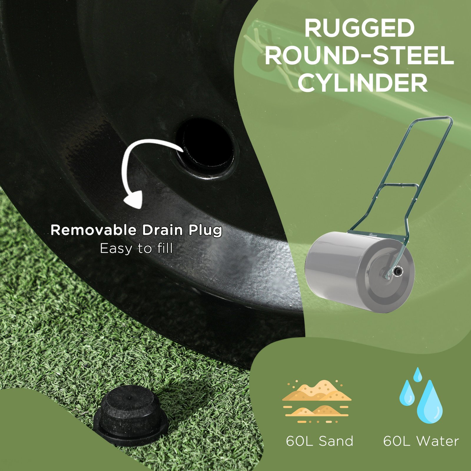 20-Inch Push/Tow Behind Lawn Roller Filled with 16 Gal Water or Sand, Perfect for Flattening Sod in the Garden - Image 8