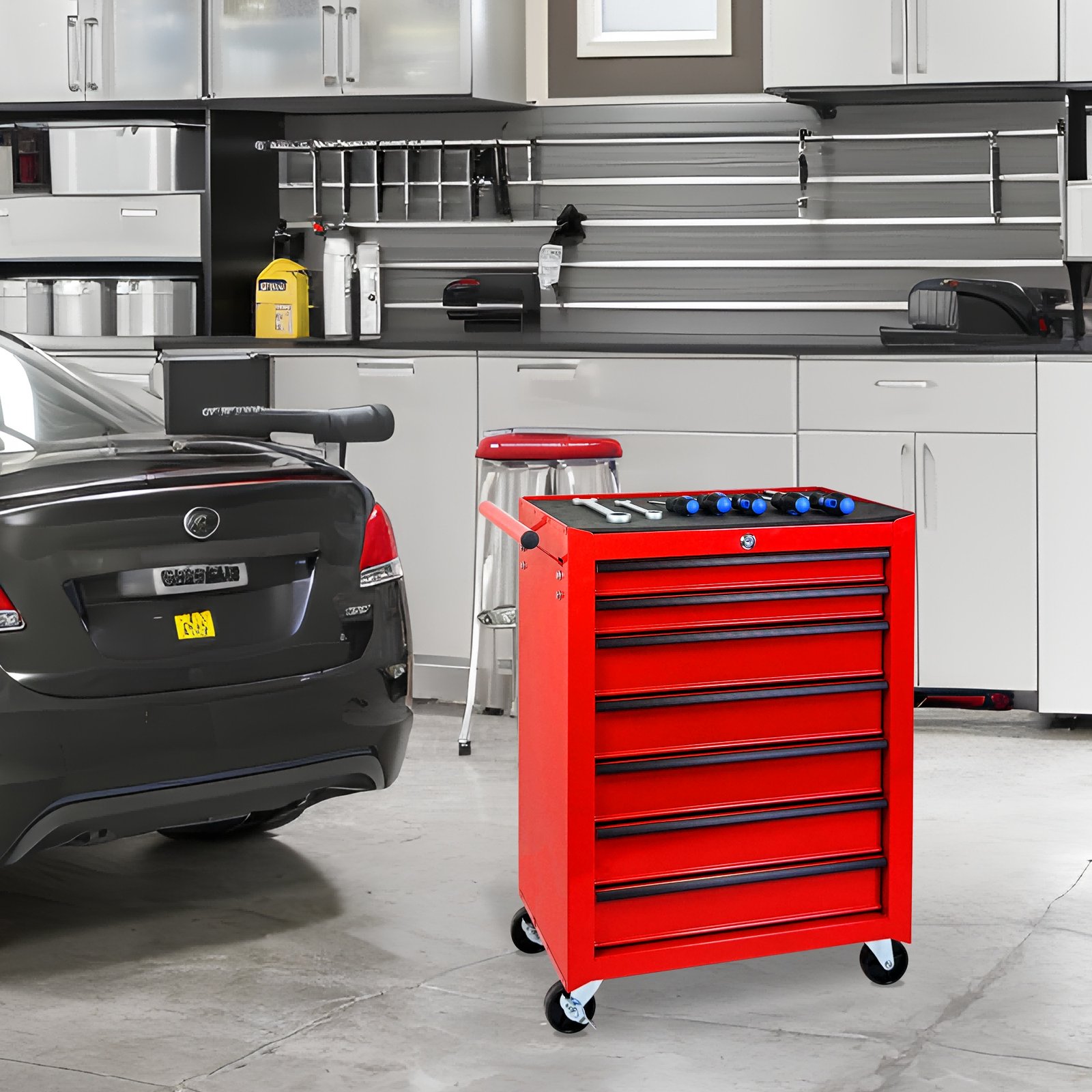 7-Drawer Rolling Tool Storage Cabinet With Detachable Top Tool Box, Universal Lockable Wheels, Adjustable Shelf, Locking Mechanism, Metal Tool Cart For Garage Workshop,Scarlet Flame Red - Image 7
