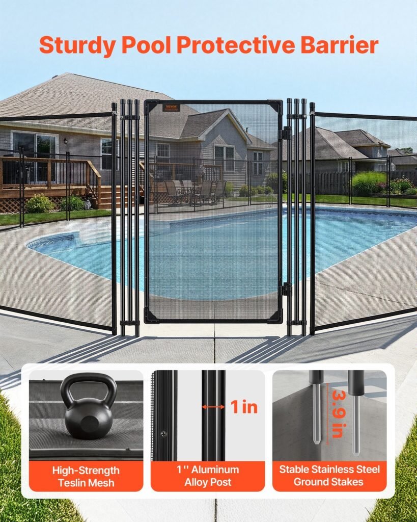 Pool Fence Gate, 4 X 2.5 Ft Inground Swimming Pool Fences Gate, Outdoor Security Fencing Door Kit With Metal Latch, 352 Gsm Teslin PVC Mesh, Round Tube, Lockable And Easy Installation, Black