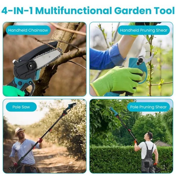 4-in-1 Pole Pruning Shears, Electric Pruning Shears & Pole Saws For Tree Trimming With 7 Adjustable Head Angles,Cordless Pole Shears And Battery Pole Saw With 2Pcs 3000mAh Rechargeable Batteries