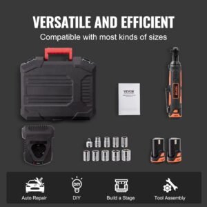 3/8" Cordless Electric Ratchet Wrench Set, 12V 33 Ft-lbs Power Ratchet Tool Kit, 45-Min Fast Charge, 2-Pack 2.0Ah Battery, Built-in LED Light, Variable Speed Trigger, 10 Sockets - Image 4