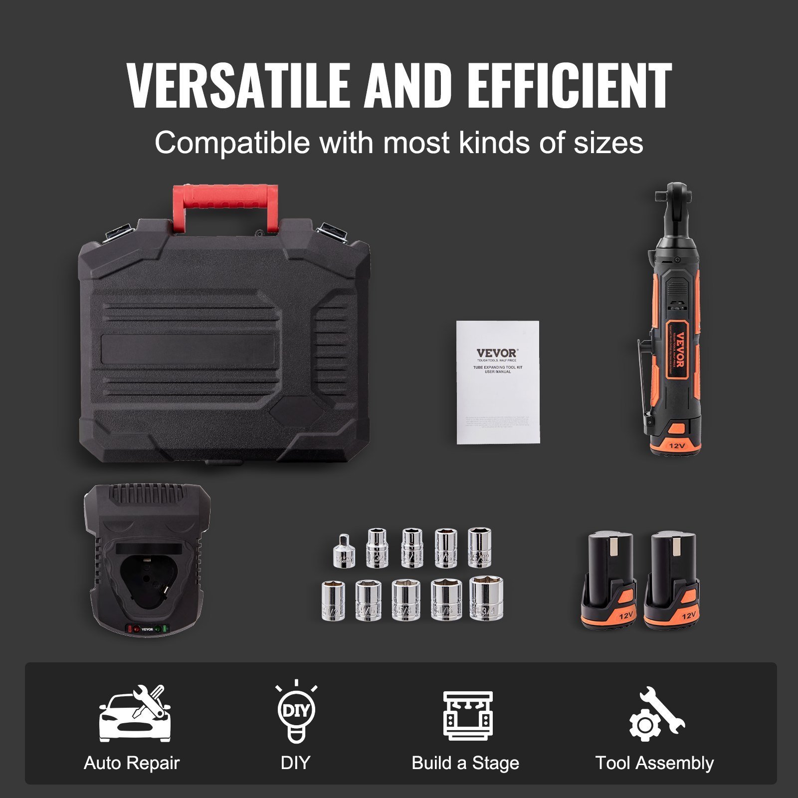 3/8" Cordless Electric Ratchet Wrench Set, 12V 33 Ft-lbs Power Ratchet Tool Kit, 45-Min Fast Charge, 2-Pack 2.0Ah Battery, Built-in LED Light, Variable Speed Trigger, 10 Sockets - Image 4
