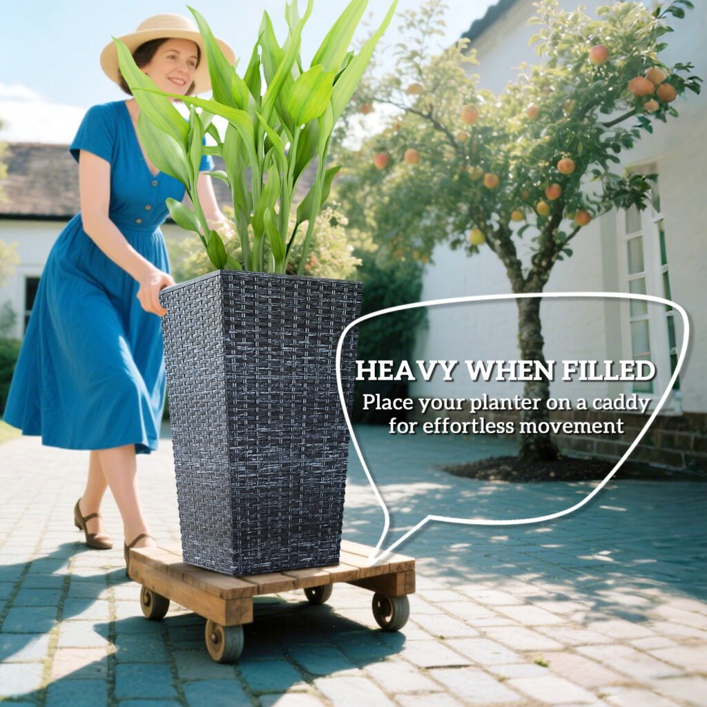 Tall Planters for Outdoor Plants Set of 3, 24 In Taper Planters with Drainage Holes, Rattan Decor Plant Pots for Indoor Outdoor Front Porch Patio Backyard, Gray