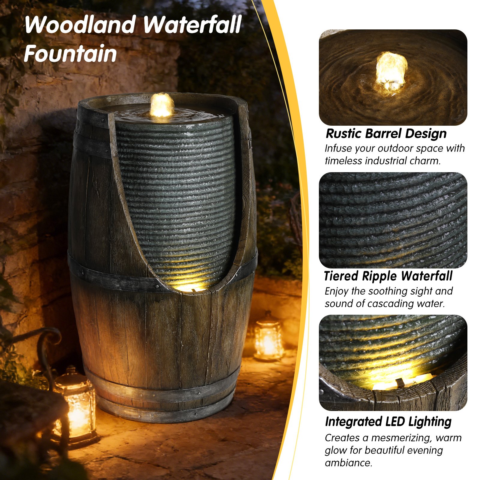 Outdoor Water Fountain With Bird Waterer, Rustic Barrel Garden Fountain With LED Lights And Pump, Faux Wood Resin Water Feature For Patio Backyard Porch Yard - Image 3