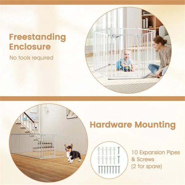 6-Panel Expandable Safety Gate (34.5"-154"), 270° Rotatable Baby/Pet Barrier For Fireplace Stairway Doorway-White