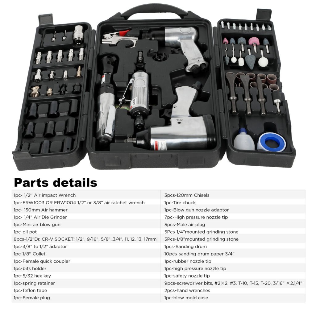 71 Piece Air Tool And Accessories Kit, Impact Wrench, Air Ratchet, Die Grinder, Aire Hammer, Hose Fittings, Storage Case
