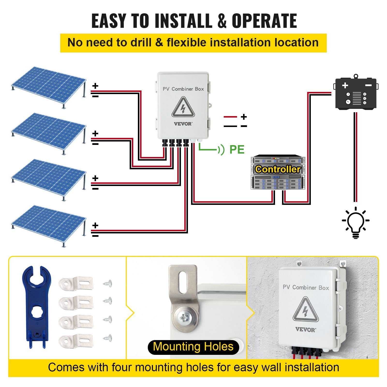 PV Combiner Box, 4 String With 15A Rated Current Fuse, 63A Circuit Breaker, Lightning Arreste Connector For On/Off Grid Solar Panel System, IP65 - Image 4