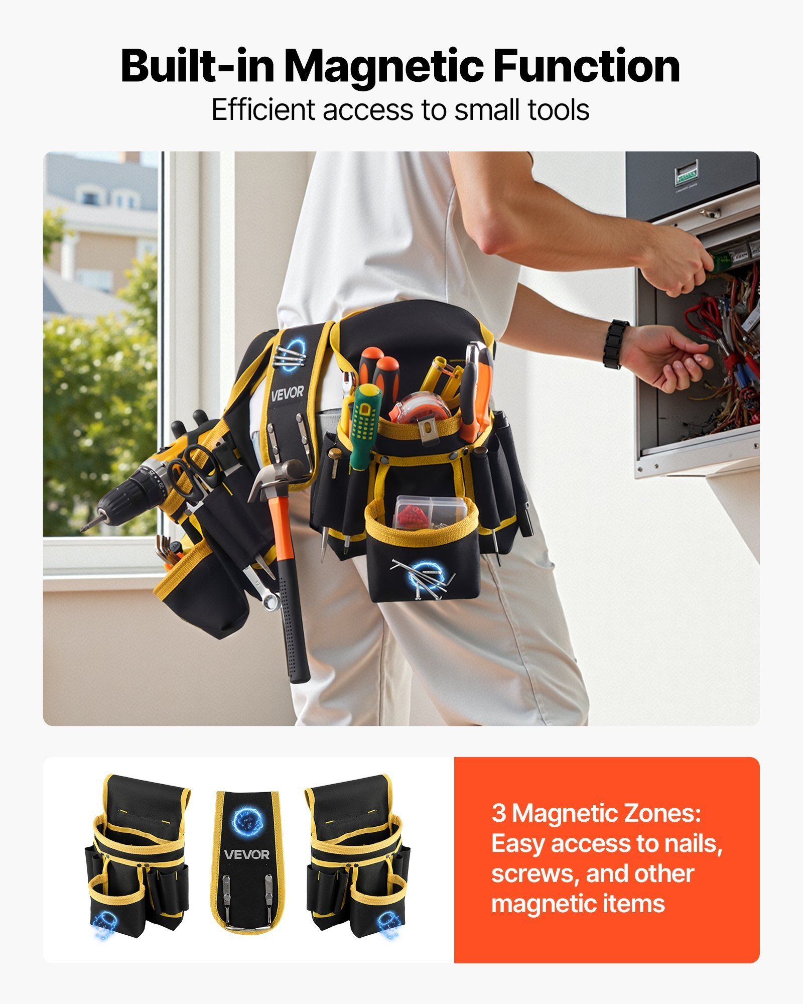 Tool Belt, Magnetic Tool Pouch For Men, 28 Pockets Heavy Duty Adjustable Utility Belt Detachable Work Bag For Electrician, Carpenter, Construction, Work Apron Organizer, Waist Adjust 31 To 48in - Image 3